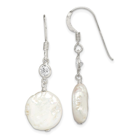QE2057 Sterling Silver Polished White 12-13mm Coin Freshwater Cultured Pearl & CZ Dangle Earrings