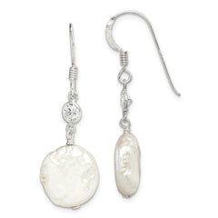 QE2057 Sterling Silver Polished White 12-13mm Coin Freshwater Cultured Pearl & CZ Dangle Earrings