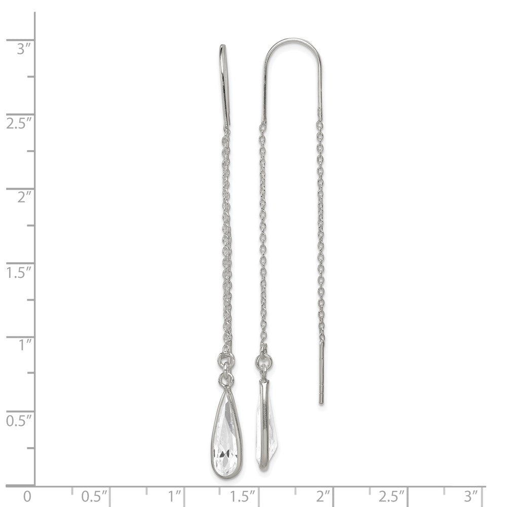 QE2067 Sterling Silver Polished Crystal Teardrop Threader Earrings