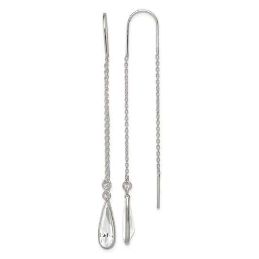 QE2067 Sterling Silver Polished Crystal Teardrop Threader Earrings