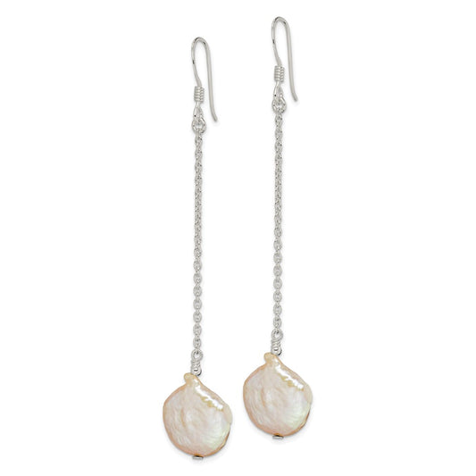 QE2098 Sterling Silver Polished White 12-13mm Coin Freshwater Cultured Pearl Dangle Earrings