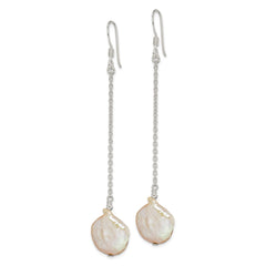 QE2098 Sterling Silver Polished White 12-13mm Coin Freshwater Cultured Pearl Dangle Earrings
