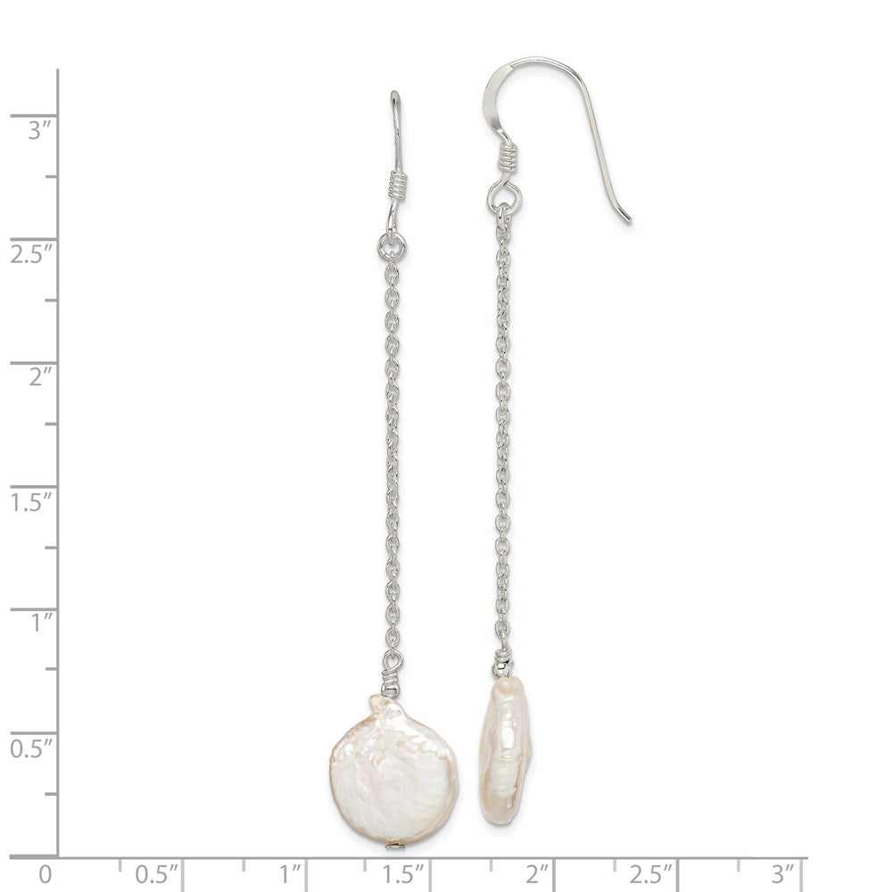 QE2098 Sterling Silver Polished White 12-13mm Coin Freshwater Cultured Pearl Dangle Earrings