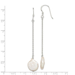 QE2098 Sterling Silver Polished White 12-13mm Coin Freshwater Cultured Pearl Dangle Earrings