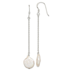 QE2098 Sterling Silver Polished White 12-13mm Coin Freshwater Cultured Pearl Dangle Earrings