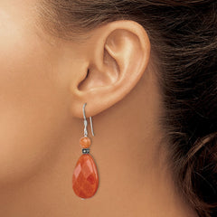 QE2129 Sterling Silver Polished & Antiqued Carnelian Teardrop Dangle Earrings