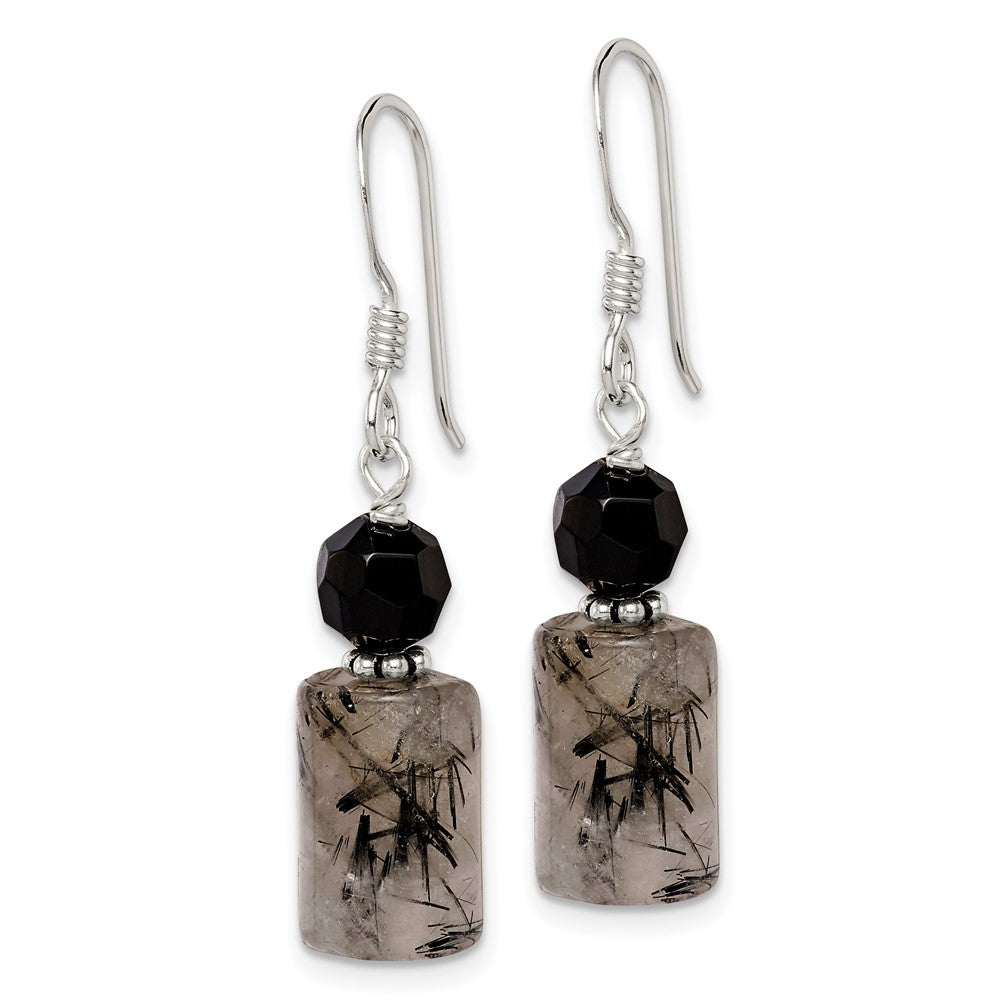 QE2194 Sterling Silver Polished & Antiqued Black Crystal & Tourmalinated Quartz Dangle Earrings
