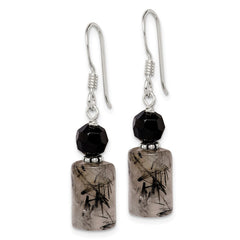 QE2194 Sterling Silver Polished & Antiqued Black Crystal & Tourmalinated Quartz Dangle Earrings