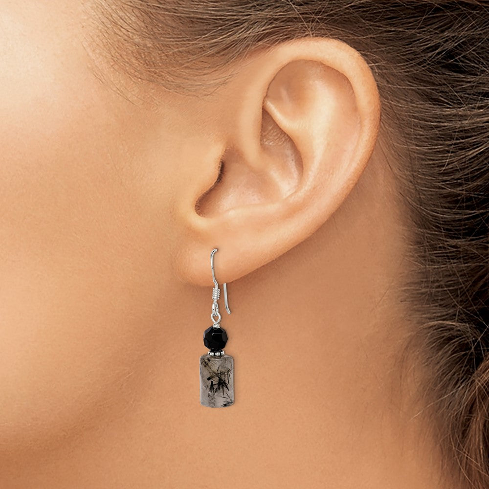 QE2194 Sterling Silver Polished & Antiqued Black Crystal & Tourmalinated Quartz Dangle Earrings
