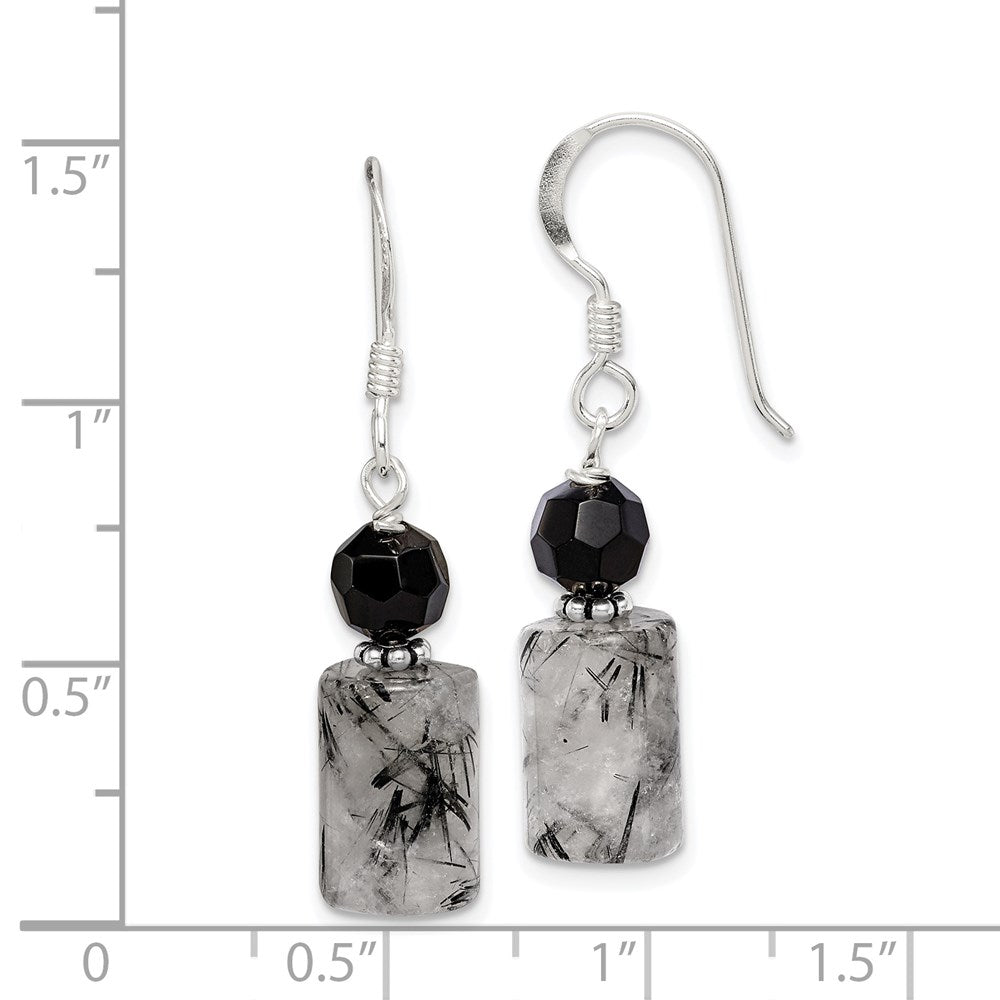 QE2194 Sterling Silver Polished & Antiqued Black Crystal & Tourmalinated Quartz Dangle Earrings