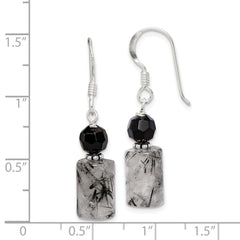 QE2194 Sterling Silver Polished & Antiqued Black Crystal & Tourmalinated Quartz Dangle Earrings