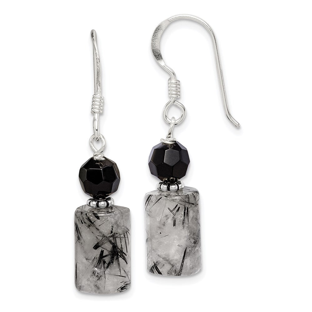 QE2194 Sterling Silver Polished & Antiqued Black Crystal & Tourmalinated Quartz Dangle Earrings