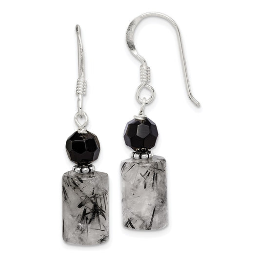 QE2194 Sterling Silver Polished & Antiqued Black Crystal & Tourmalinated Quartz Dangle Earrings