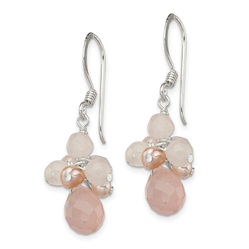 QE2209 Sterling Silver Rose Quartz and Pink Freshwater Cultured Pearl Dangle Earrings