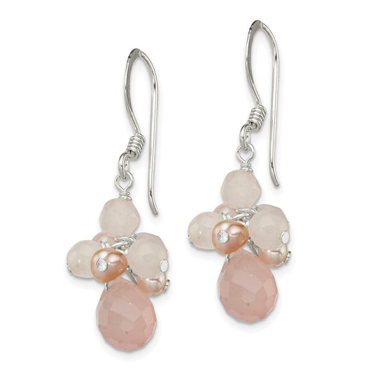 QE2209 Sterling Silver Rose Quartz and Pink Freshwater Cultured Pearl Dangle Earrings