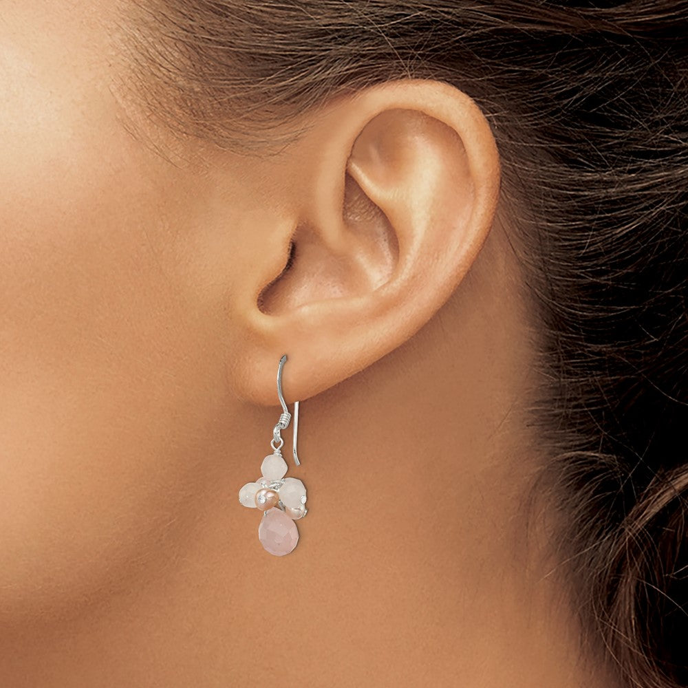 QE2209 Sterling Silver Rose Quartz and Pink Freshwater Cultured Pearl Dangle Earrings