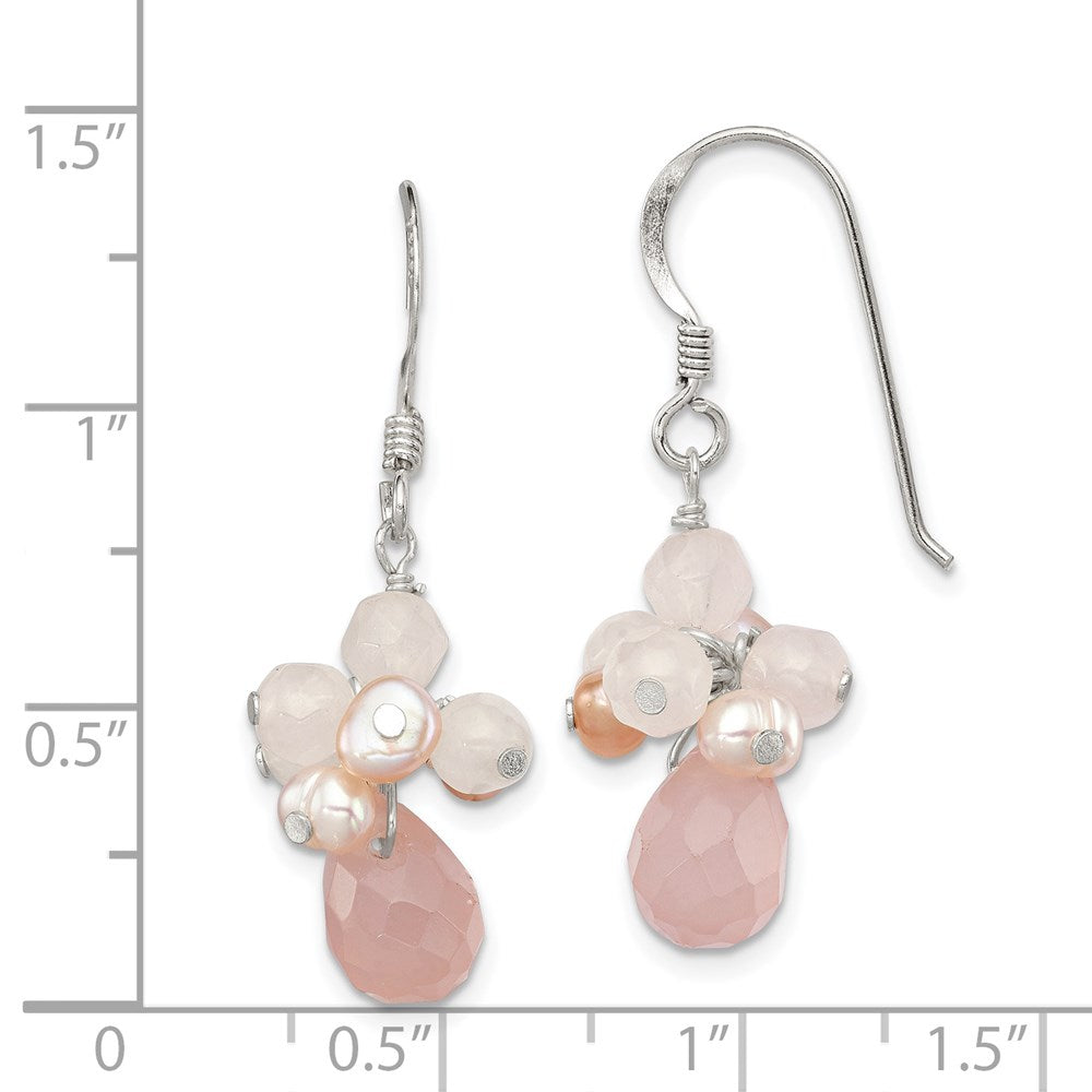 QE2209 Sterling Silver Rose Quartz and Pink Freshwater Cultured Pearl Dangle Earrings