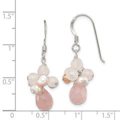 QE2209 Sterling Silver Rose Quartz and Pink Freshwater Cultured Pearl Dangle Earrings