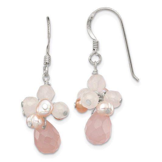 QE2209 Sterling Silver Rose Quartz and Pink Freshwater Cultured Pearl Dangle Earrings