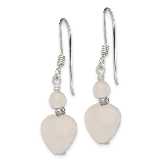QE2230 Sterling Silver Polished & Antiqued Rose Quartz Heart Dangle Earrings