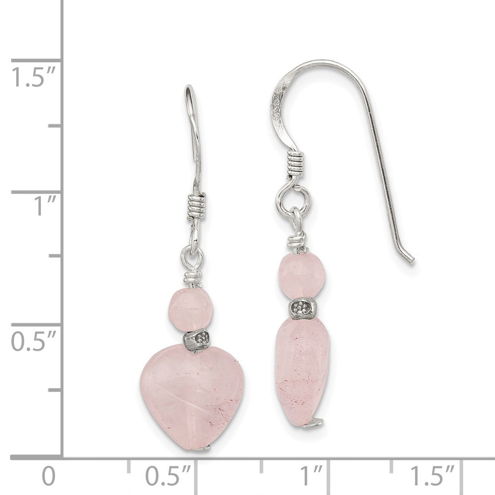 QE2230 Sterling Silver Polished & Antiqued Rose Quartz Heart Dangle Earrings