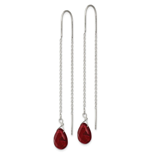 QE2271 Sterling Silver Polished Faceted Red Crystal Teardrop Threader Earrings