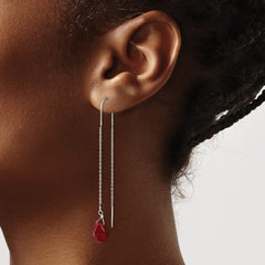 QE2271 Sterling Silver Polished Faceted Red Crystal Teardrop Threader Earrings