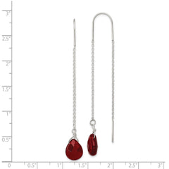 QE2271 Sterling Silver Polished Faceted Red Crystal Teardrop Threader Earrings