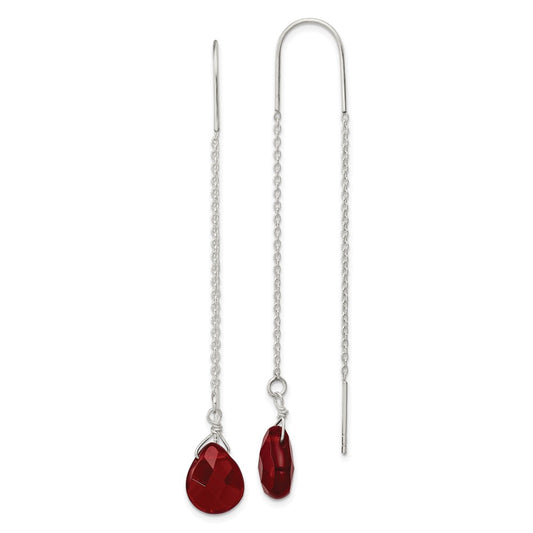 QE2271 Sterling Silver Polished Faceted Red Crystal Teardrop Threader Earrings