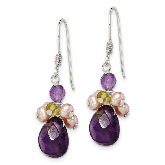QE2326 Sterling Silver Amethyst, Peridot & Peach FWC Pearl Dangle Earrings