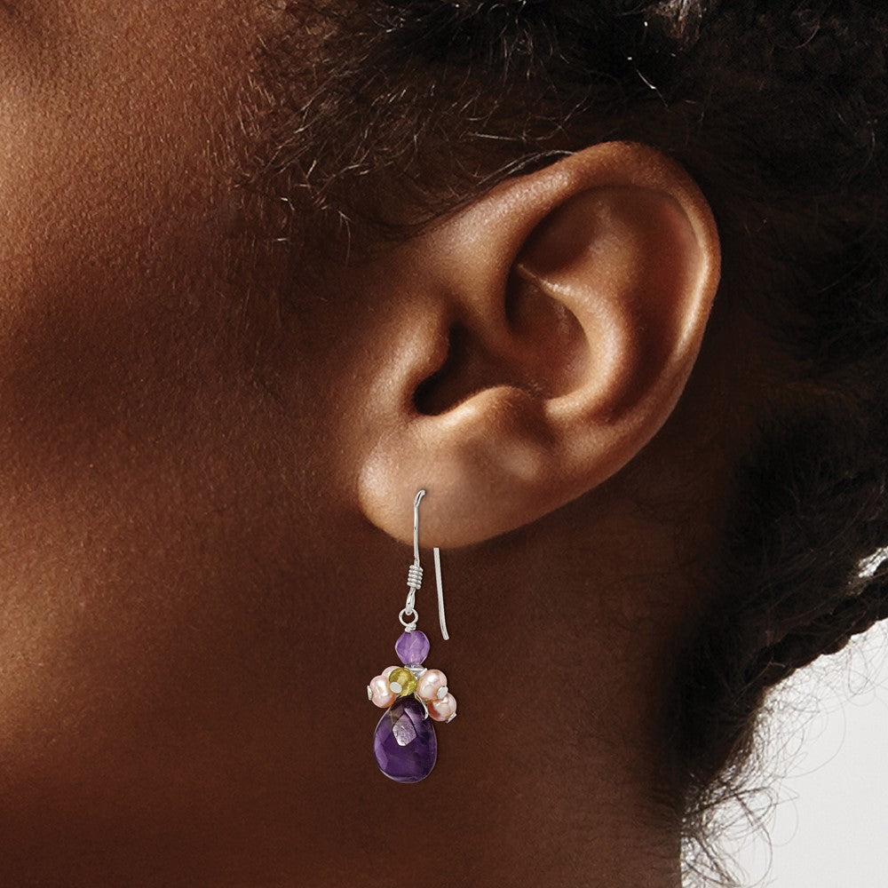 QE2326 Sterling Silver Amethyst, Peridot & Peach FWC Pearl Dangle Earrings