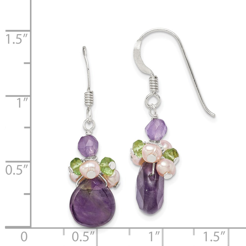 QE2326 Sterling Silver Amethyst, Peridot & Peach FWC Pearl Dangle Earrings