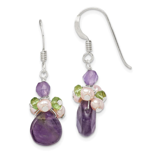 QE2326 Sterling Silver Amethyst, Peridot & Peach FWC Pearl Dangle Earrings