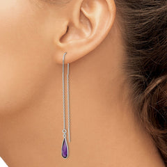 QE2332 Sterling Silver Polished Purple CZ Teardrop Threader Earrings