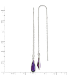 QE2332 Sterling Silver Polished Purple CZ Teardrop Threader Earrings