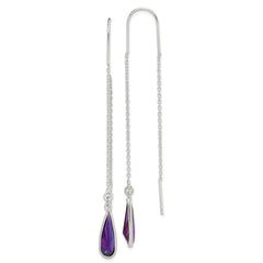 QE2332 Sterling Silver Polished Purple CZ Teardrop Threader Earrings