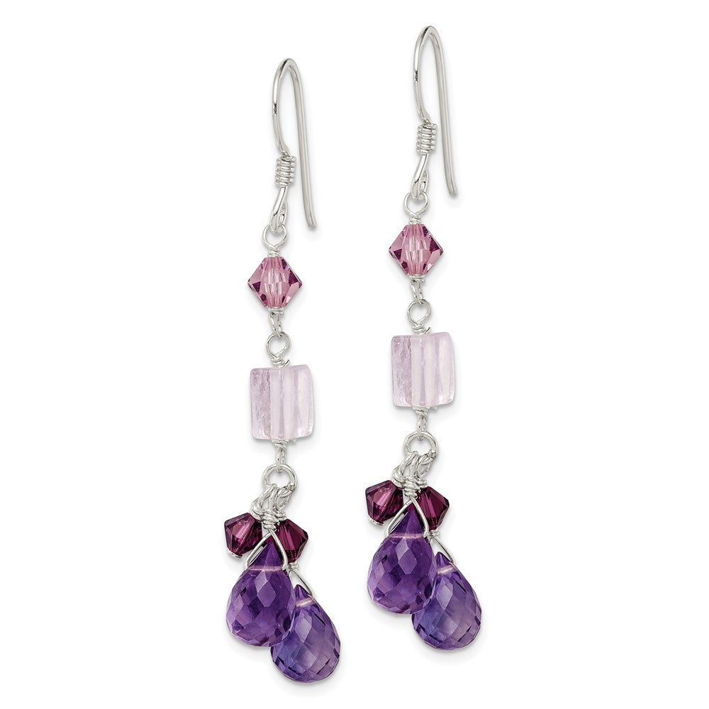 QE2348 Sterling Silver Polished Amethyst, Lavender Quartz & Crystal Dangle Earrings