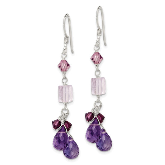 QE2348 Sterling Silver Polished Amethyst, Lavender Quartz & Crystal Dangle Earrings