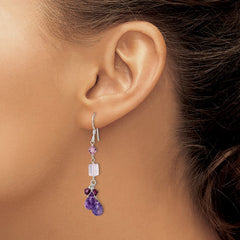 QE2348 Sterling Silver Polished Amethyst, Lavender Quartz & Crystal Dangle Earrings