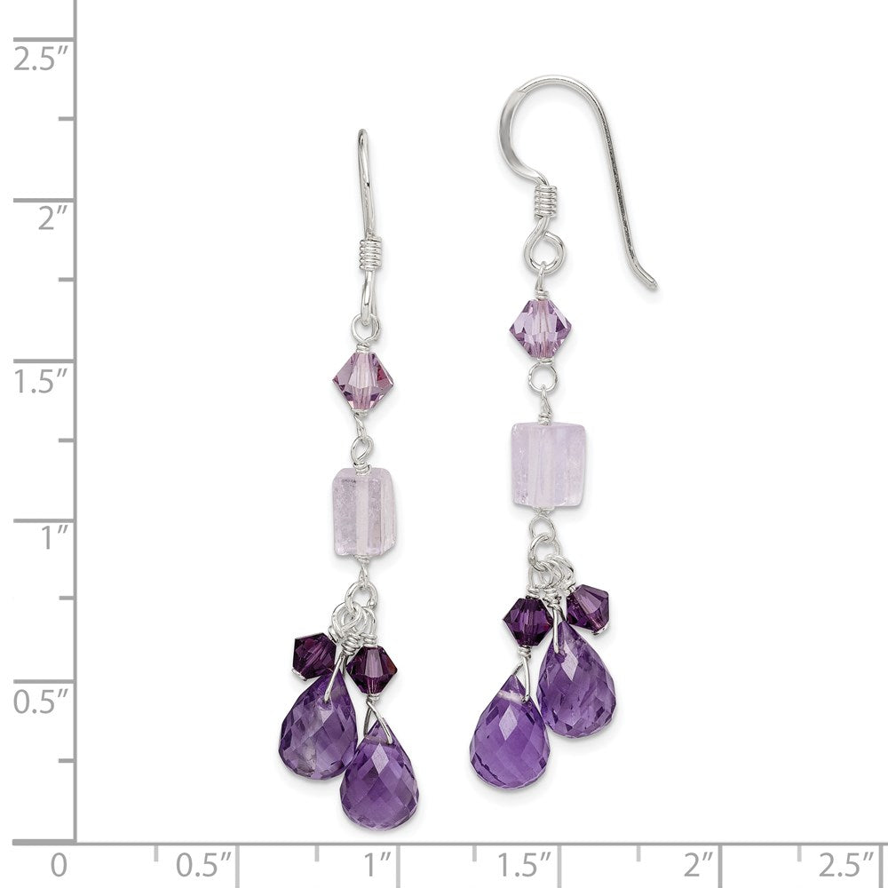 QE2348 Sterling Silver Polished Amethyst, Lavender Quartz & Crystal Dangle Earrings