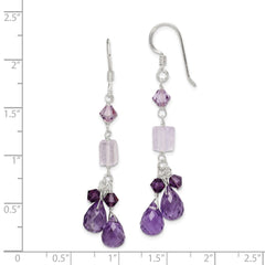 QE2348 Sterling Silver Polished Amethyst, Lavender Quartz & Crystal Dangle Earrings