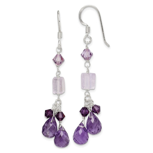 QE2348 Sterling Silver Polished Amethyst, Lavender Quartz & Crystal Dangle Earrings