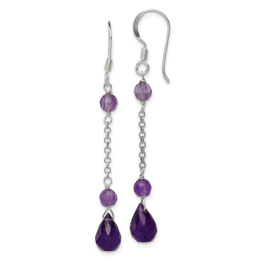 QE2352 Sterling Silver Polished Amethyst Teardrop Dangle Earrings