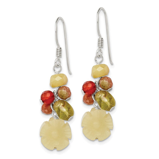 QE2394 Sterling Silver Polished Jade, Unikite, Peridot, Aventurine & Carnelian Floral Dangle Earrings