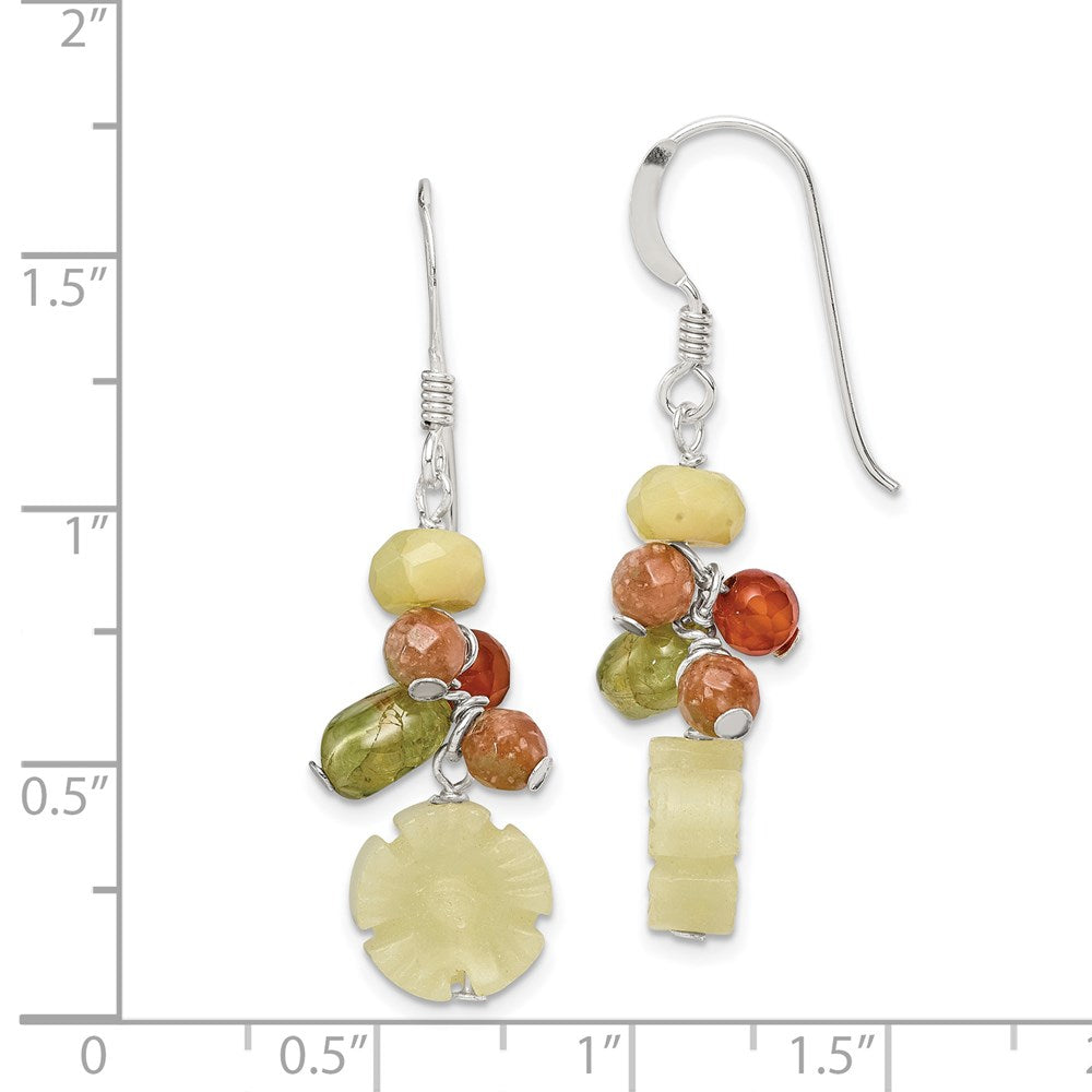 QE2394 Sterling Silver Polished Jade, Unikite, Peridot, Aventurine & Carnelian Floral Dangle Earrings