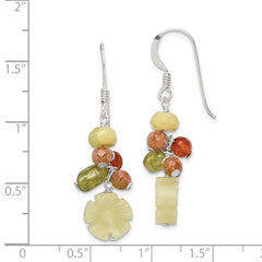 QE2394 Sterling Silver Polished Jade, Unikite, Peridot, Aventurine & Carnelian Floral Dangle Earrings