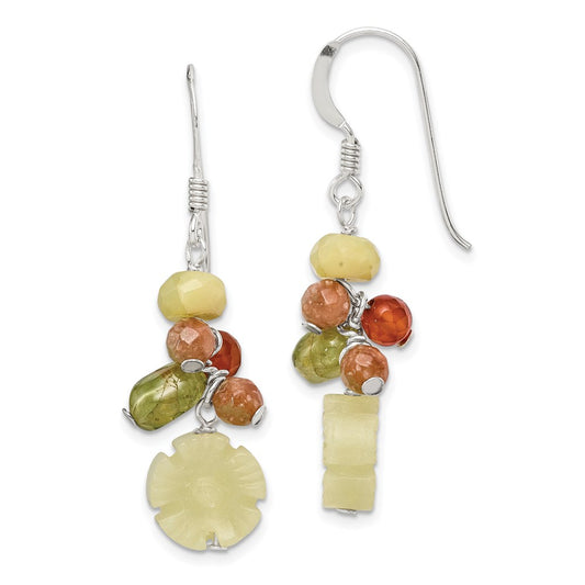 QE2394 Sterling Silver Polished Jade, Unikite, Peridot, Aventurine & Carnelian Floral Dangle Earrings