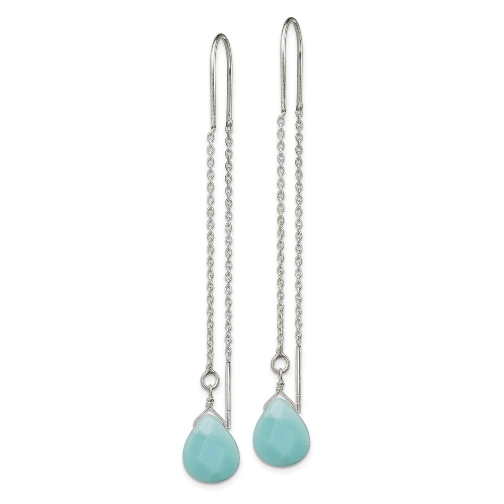 QE2543 Sterling Silver Polished Blue Agate Teardrop Threader Earrings