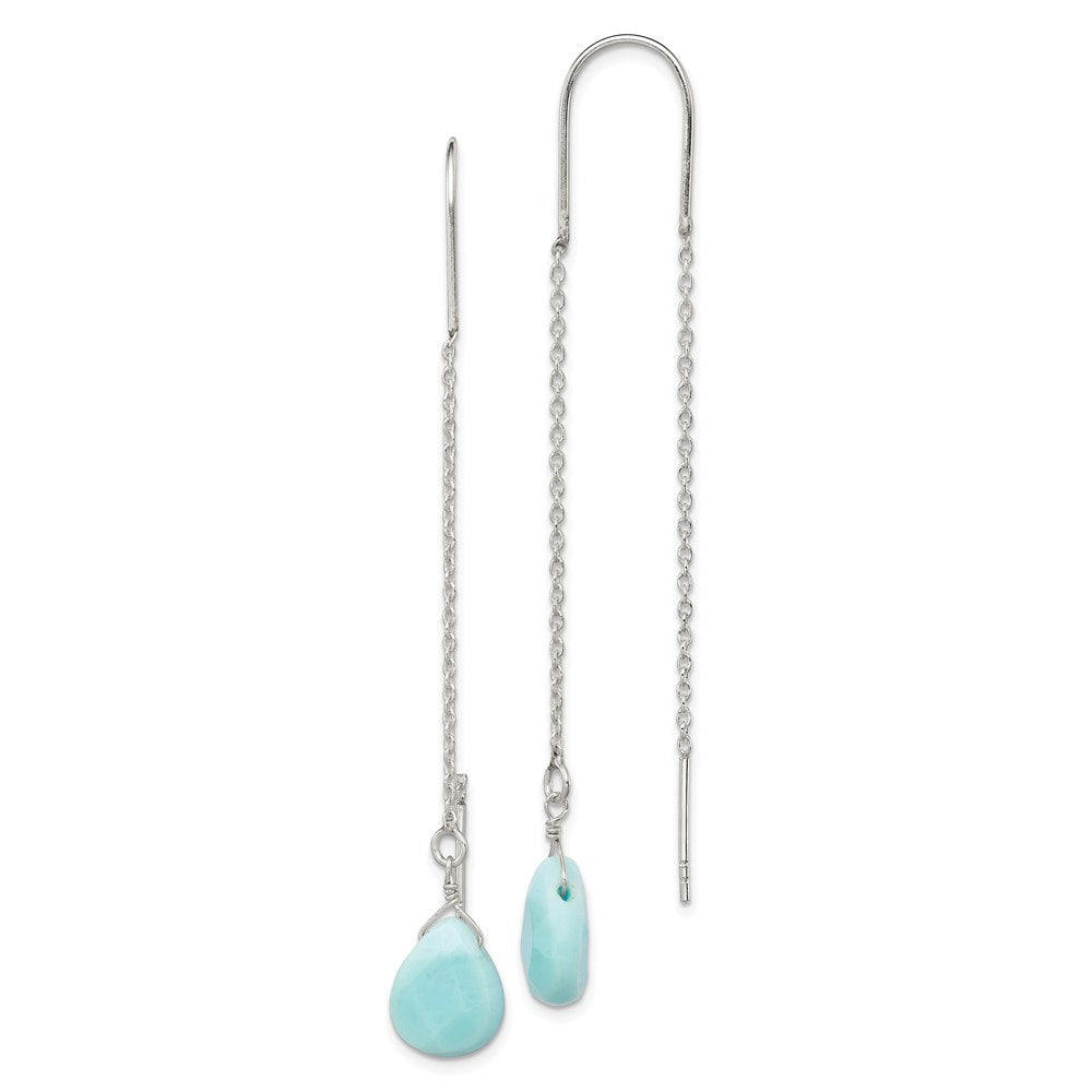 QE2543 Sterling Silver Polished Blue Agate Teardrop Threader Earrings
