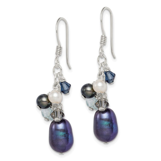 QE2556 Sterling Silver Polished Blue & Black Crystal, Black and White Freshwater Cultured Pearl Dangle Earrings